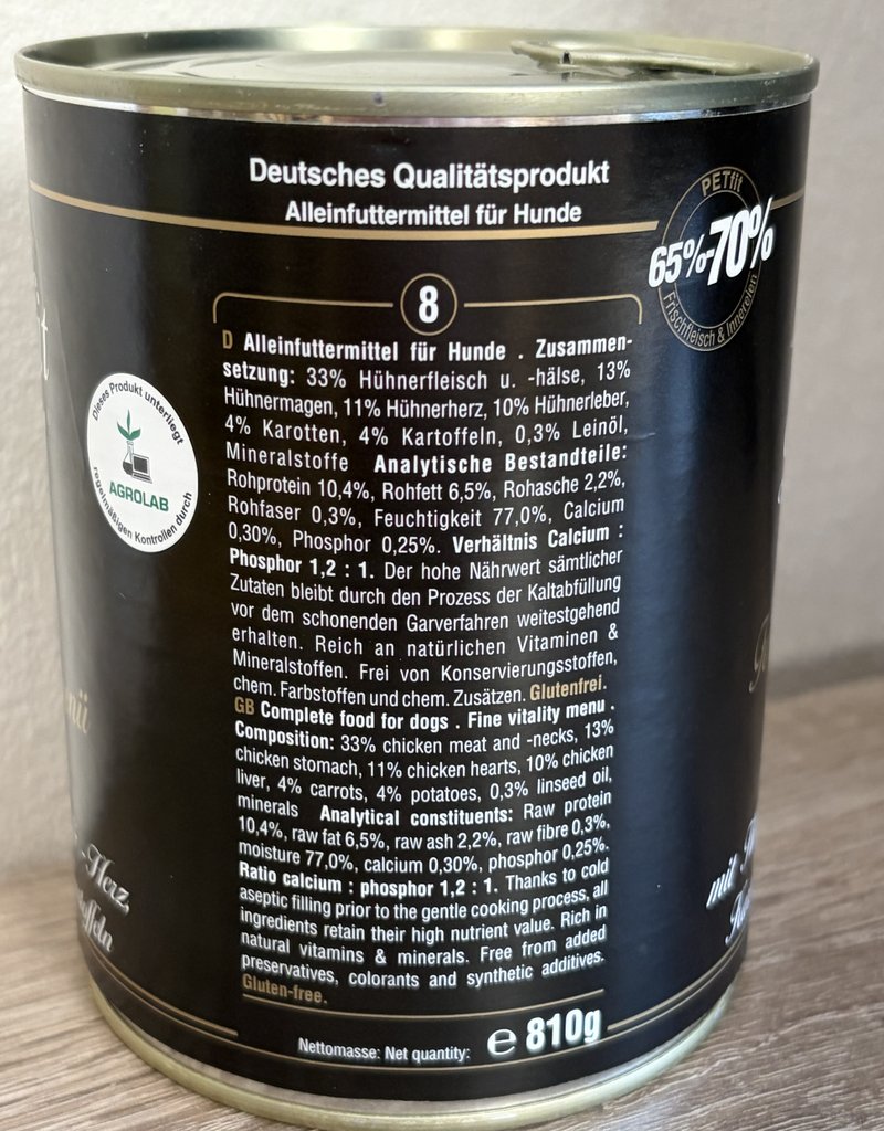 Die Rückseite einer 810-Gramm-Dose PETfit DOG Vitalmenü mit vollständiger Zutatenliste.
